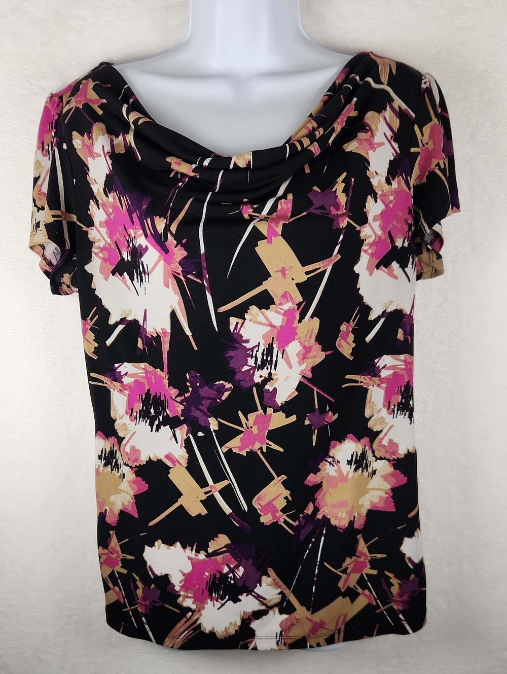 East 5th Black Cowl Neck Top with Pink, Purple, Pink & Cream Print Size Medium